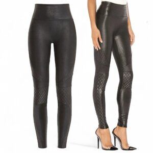 Spanx Quilted Faux Leather Leggings Size Medium Very Black Contoured Waist 20248